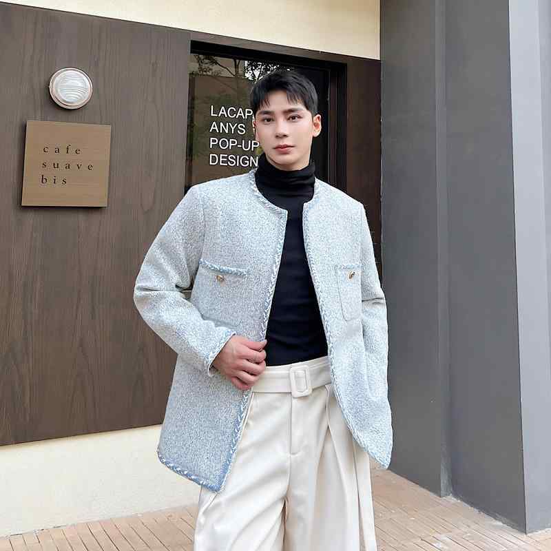 ジャケット 男女兼用 ユニセックス フレンチツイード 混紡素材 ノーカラー ラウンドネック ボタンなし ..