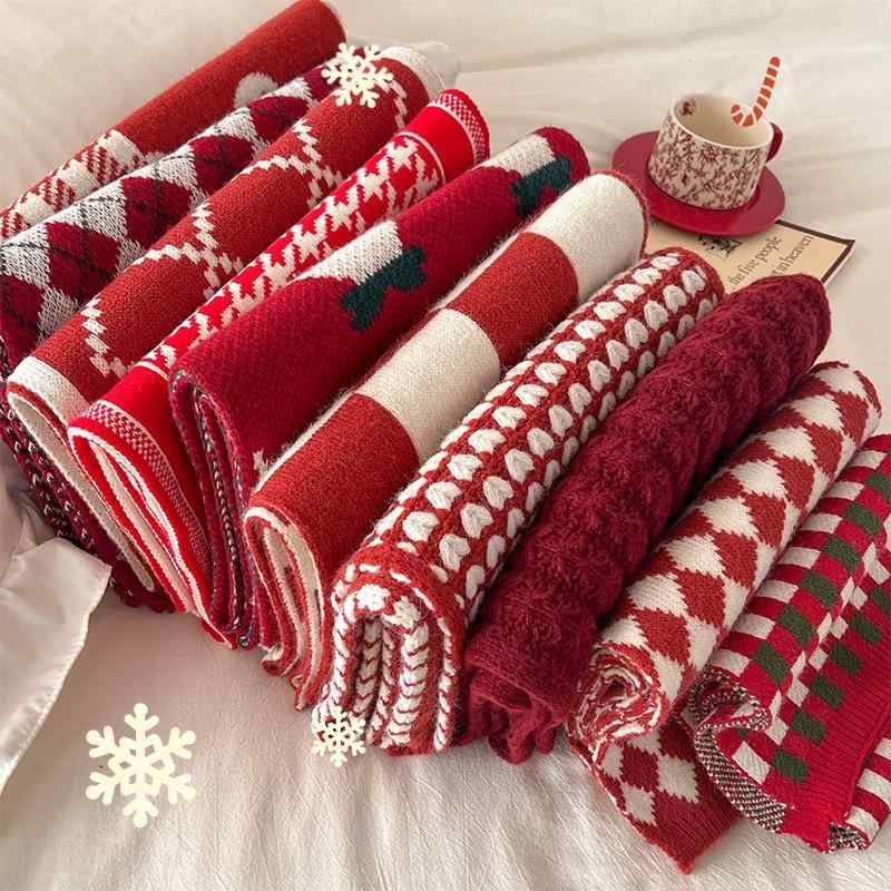 ショール レディース 保温 あったか ふわふわ やわらか 大判 アンゴラレッド ニット ストール マフラー 秋冬 クリスマス チェック柄 おしゃれ(4)