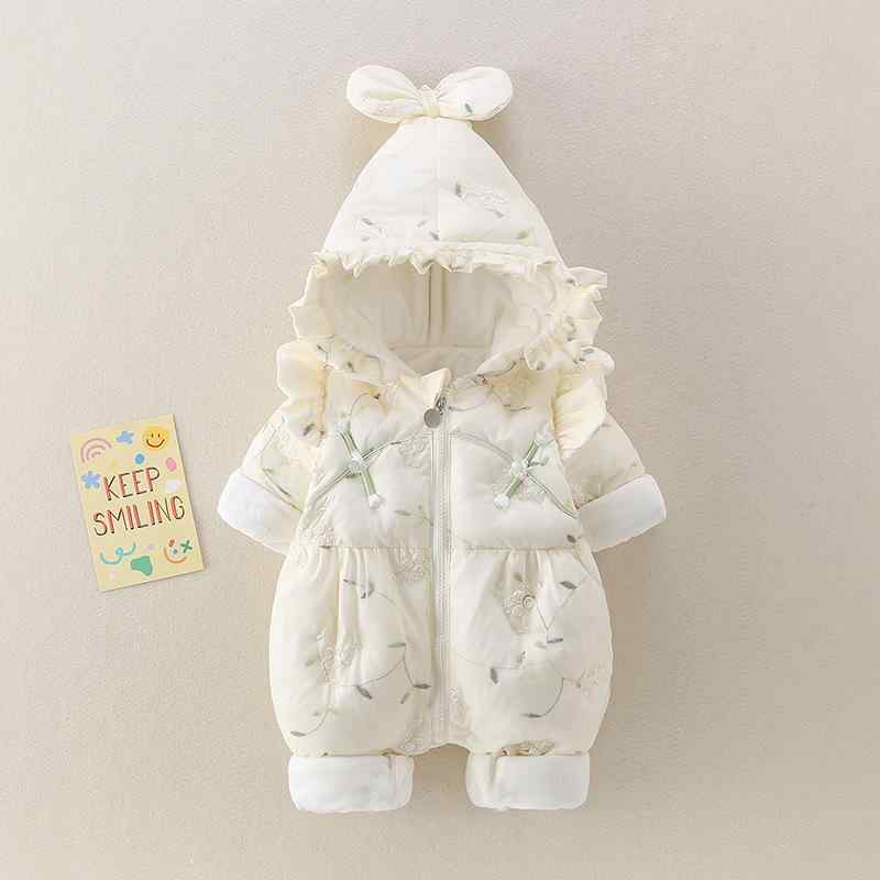 ・カテゴリ: ロンパース・スタイル: 韓国風・主な素材: ポリエステル・対象年齢: 新生児（0〜1歳、80cm以下）・性別: 女の子向け・袖丈: 長袖・フード: 付き・厚さ: 厚手・開閉タイプ: ジップアップ・カラー: オフホワイト・サイズ展開: 66cm, 73cm, 80cm, 90cm