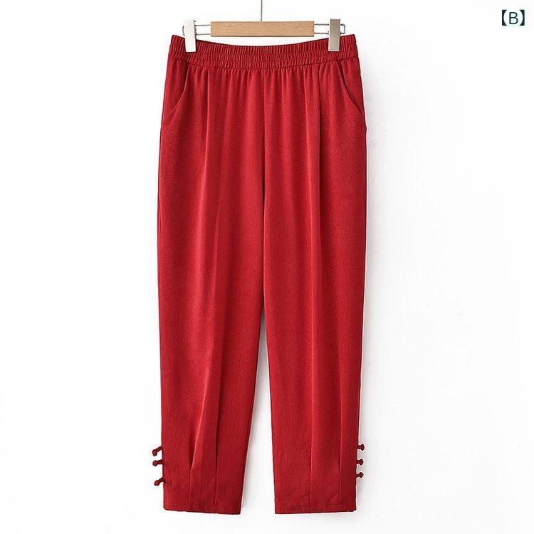 パンツ レディース 春夏 ミセス 薄手 サルエルパンツ バルーンパンツ ゆったり ルーズ 九分丈 チャイナボタン 微ストレッチ 綿ポリエステル カジュアル きれいめ 通勤 ボトムス