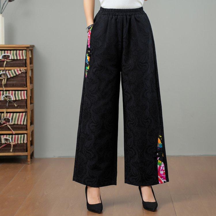 パンツ レディース ミセス シニア 民族風 エスニック 刺繍 綿麻 コットンリネン ワイドパンツ ゆったり ロング丈 中厚手 大きいサイズ 春秋 カジュアル 上品