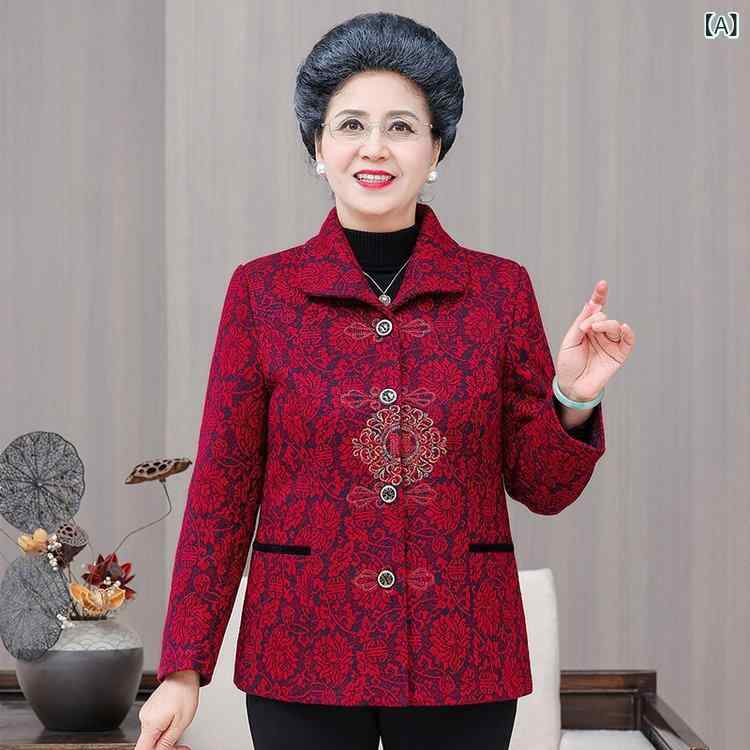 アウター レディース ミセス シニア 婦人服 60代 70代 80代 お母さん 祖母 秋冬 春秋 花柄 コート ジャケット 羽織り きれいめ シンプル 上品 ゆったり 体型カバー 綿混素材 レッド ワインレッド