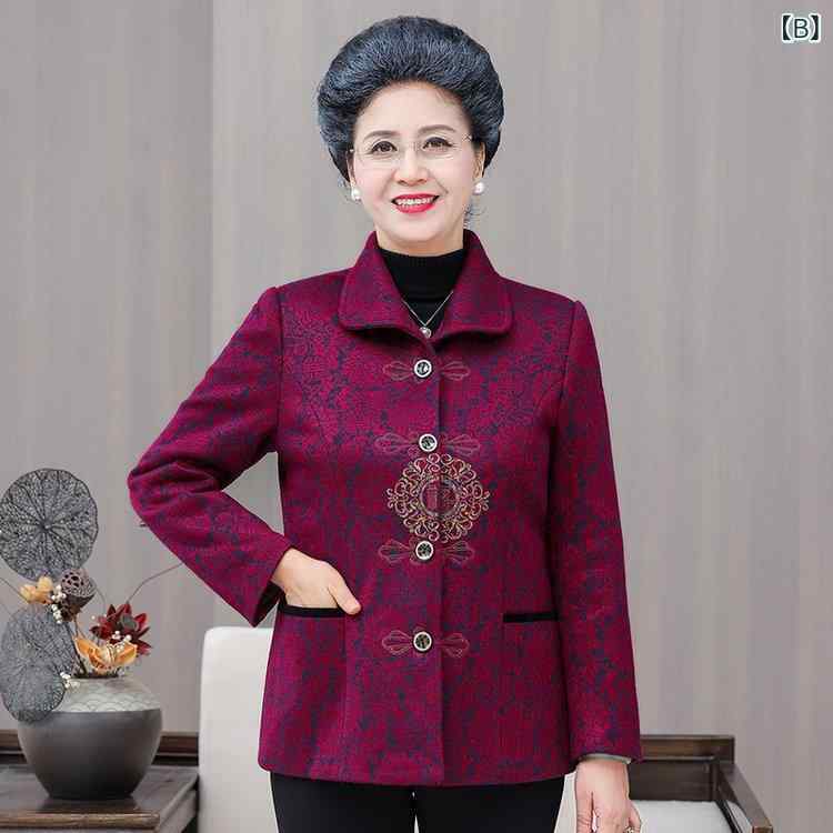 アウター レディース ミセス シニア 婦人服 60代 70代 80代 お母さん 祖母 秋冬 春秋 花柄 コート ジャケット 羽織り きれいめ シンプル 上品 ゆったり 体型カバー 綿混素材 レッド ワインレッド
