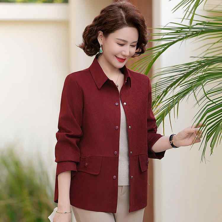 ジャケット レディース ミセス 中高年女性 春秋 長袖 上品 エレガント カジュアル ゆったり 薄手 ポケット付き 綿混 通勤 オフィス ママコーデ 体型カバー ワインレッド カーキ 羽織り