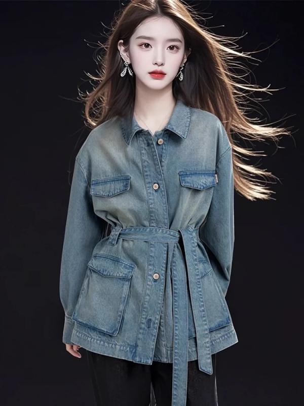 Other Jackets Jumpers - デニムジャケット レディース アメリカンレトロ ゆったり シック 着回し力抜群 デニム素材 春秋 個性的なデザイン ウエストベルト付き カジュアル アウター トレンド
