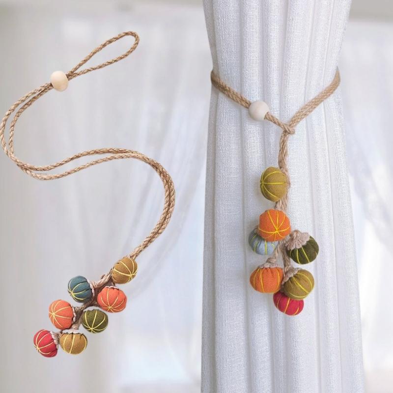 Rakuten - カーテンタッセル 調節可能 コットンリネン製 手編み モダン シンプル ボール型 フラワーデザイン おしゃれ かわいい リビング 寝室 インテリア レース ドレープ対応