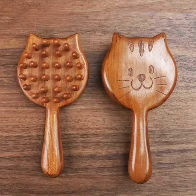 頭皮マッサージブラシ 白檀 天然木製 かわいい 猫モチーフ ロングハンドル ヘッドスパ リラックス 美髪ケア ツボ押しコーム 男女兼用 デイリーユース