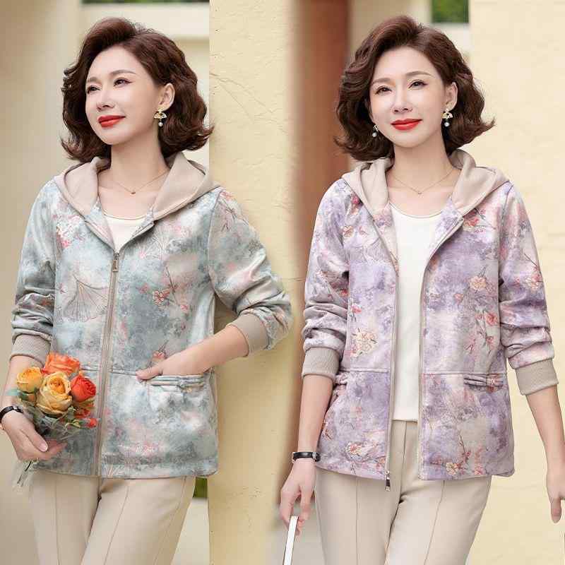 ジャケット レディース ミセス 中高年女性向け 上品 ゆったり フード付き ファスナー付き 長袖 ポリエステル素材 中厚手 春秋 アウター カジュアル 普段使い