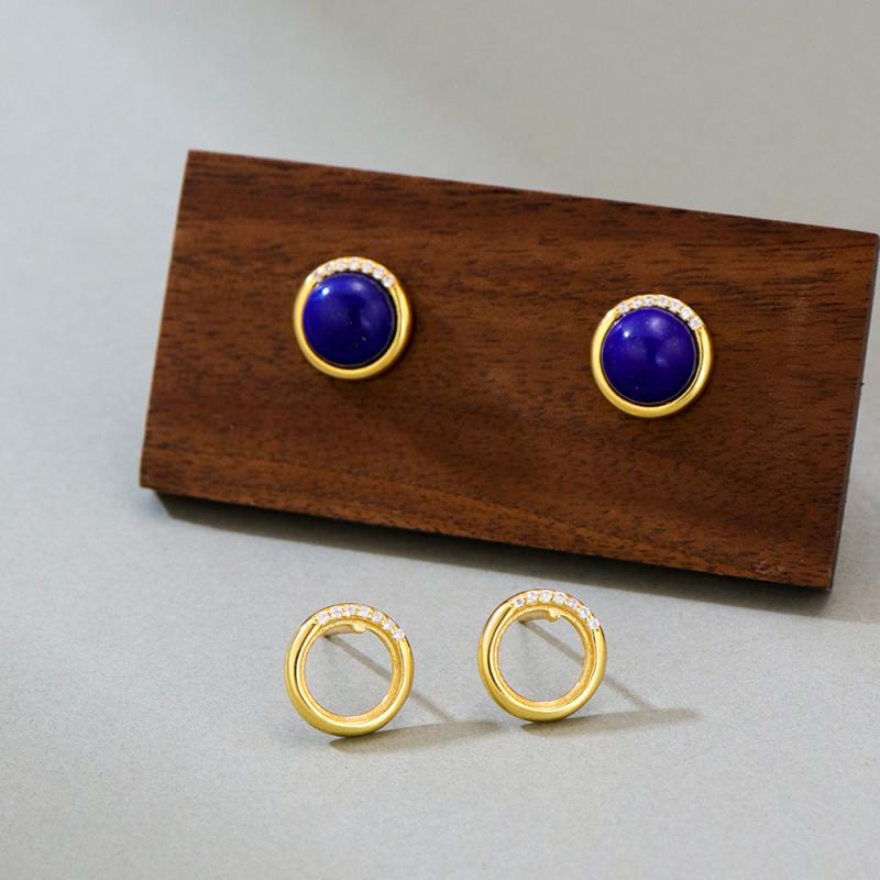 Body Earrings - ピアス レディース S925純銀 金メッキ 電気メッキ加工 円形 ベゼルセッティング 空枠 8mm対応 スタッドピアス 上品 精巧 繊細 シンプル おしゃれ ファッション オフィス カジュアル デイリーユース