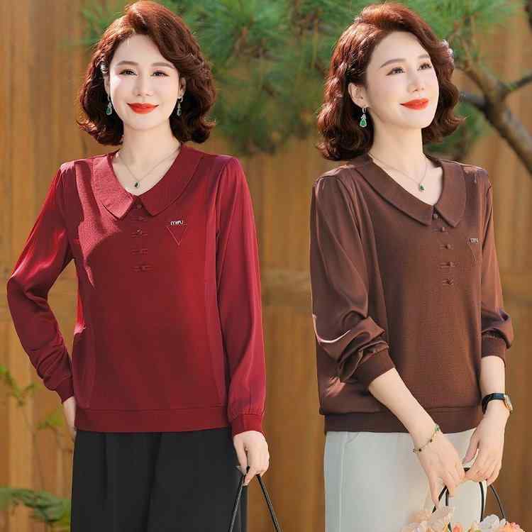 Tシャツ レディース ミセス 中高年 体型カバー ゆったり 長袖 襟付き おしゃれ 上品 エレガント 通勤 オフィス シンプル ブラウス カットソー トップス インナー 春夏 普段着