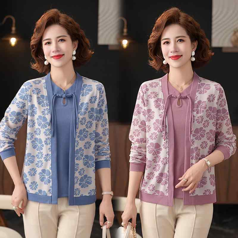 Rakuten - カーディガン レディース フェイクレイヤード 重ね着風 ニット 長袖 クルーネック プリント 上品 通勤 春秋 ミセス 女性用 ポリエステル おしゃれ グリーン ブルー ピンク