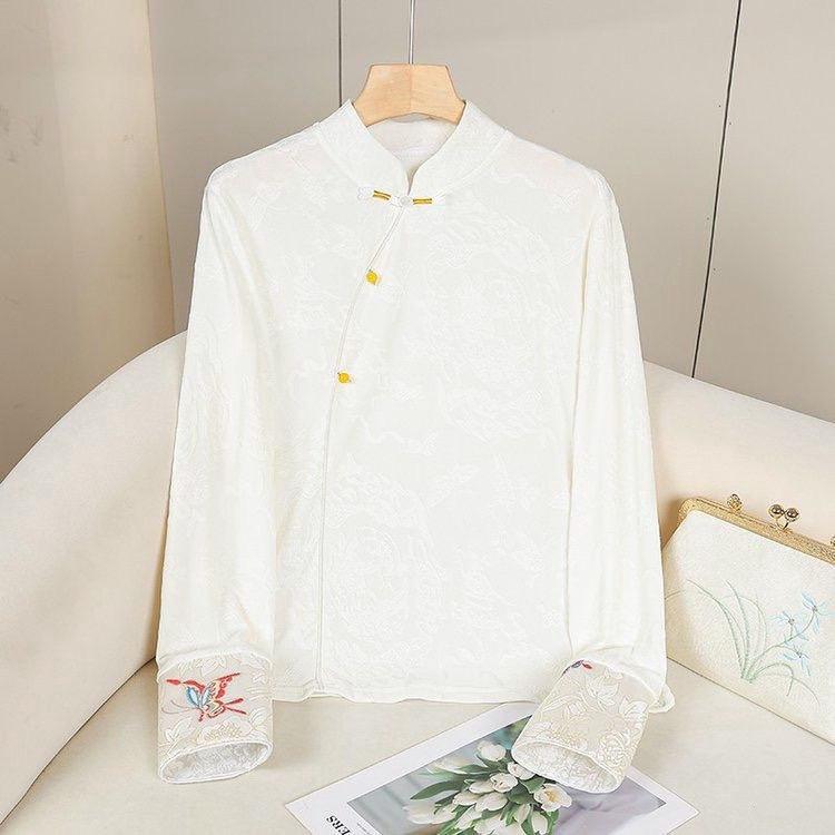 シャツ レディース 女性用 中華風 レトロ ジャカード チャイナボタン スタンドカラー 長袖 ブラウス プルオーバー ゆったり ポリエステル素材 着回しインナー
