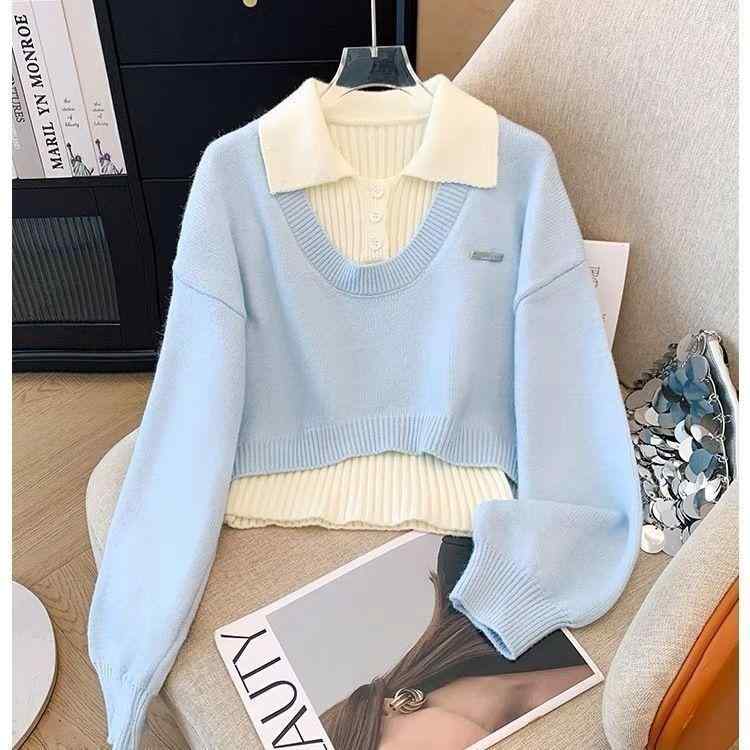 ニット アンサンブル レディース スクール風 ショート丈 トップス 秋冬 シェニール素材 ポロ襟 パフスリーブ 2点セット 韓国ファッション セットアップ 着回し 女性用