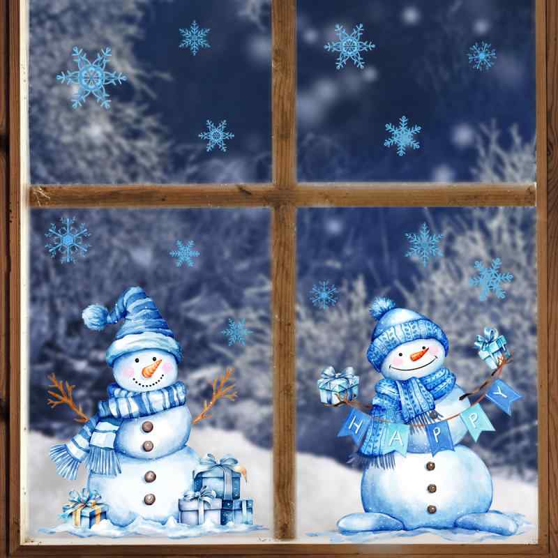樂天商城 - 窓ステッカー 静電タイプ 貼ってはがせる 両面印刷 ブルー キャラクター 雪だるま 雪の結晶 窓ガラス ショーウィンドウ 装飾 クリスマス飾り 店舗 リビング おしゃれ