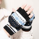 手袋 メンズ レディース 冬用 保温 防寒 指カバー付き ニットグローブ 雪の結晶柄 おしゃれ 通学 作業用 指なし ハーフフィンガー スマートフォン対応 ミト...