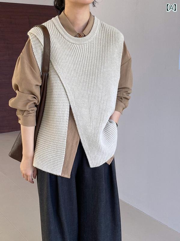 ニットベスト レディース 秋冬 ゆったり クルーネック サイドスリット 重ね着 レイヤード ノースリーブ おしゃれ カジュアル デイリー 羽織り トップス アクリル素材