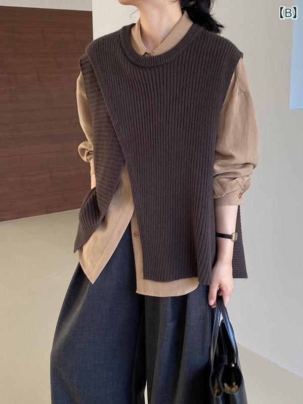 ニットベスト レディース 秋冬 ゆったり クルーネック サイドスリット 重ね着 レイヤード ノースリーブ おしゃれ カジュアル デイリー 羽織り トップス アクリル素材