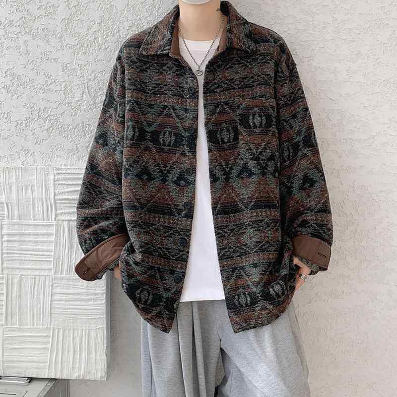 Other Apparel - シャツ メンズ 男性用 民族風 チベット風 ツイード 厚手 あったか ウォッシャブル シワになりにくい ビッグシルエット ゆったり 長袖 花柄 襟付き 麻 リネン 秋冬 個性的 デザインジャケット風 アウター
