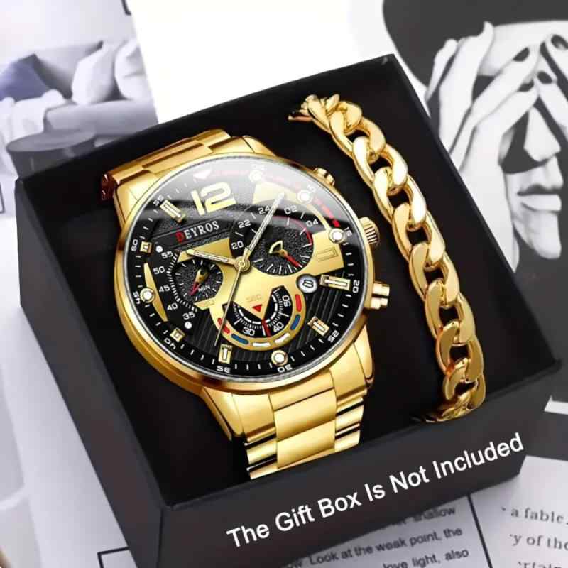 손목시계 맨즈 남성용 쿼츠 아날로그 패션 팔찌 2점 세트 스테인리스제 합금제 비즈니스 캐주얼 선물