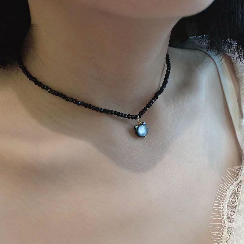 ネックレス 男女兼用 ユニセックス かわいい 猫 ネコ きらめく 輝く 軽量 鎖骨チェーン チョーカー 黒 ..