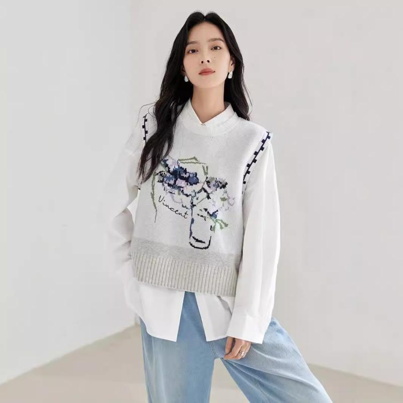 ニットベスト レディース ヴァン・ゴッホコラボ ノースリーブ 再生繊維 ゆったり 重ね着 レトロカジュアル 通勤スタイル 切り替え Uネック オフホワイト 秋冬
