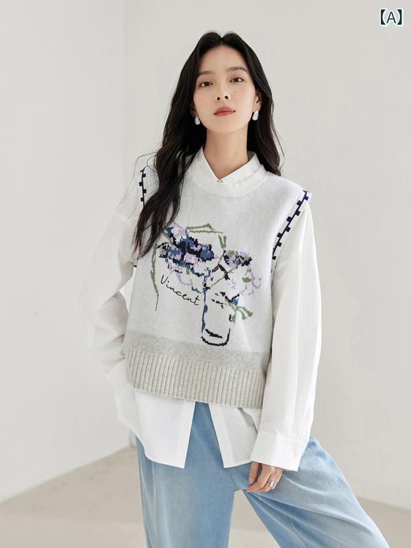 ニットベスト レディース ヴァン・ゴッホコラボ ノースリーブ 再生繊維 ゆったり 重ね着 レトロカジュアル 通勤スタイル 切り替え Uネック オフホワイト 秋冬