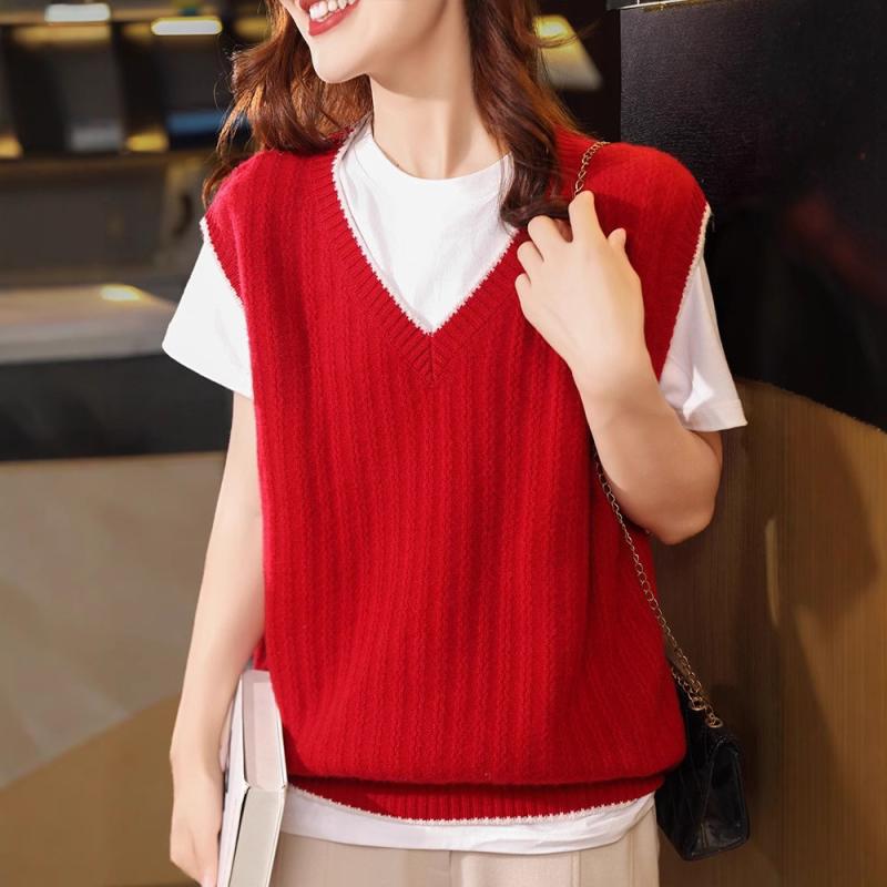 Rakuten - ベスト レディース 秋冬 ウール ニット Vネック ゆったり プルオーバー 重ね着 レイヤード ノースリーブ 通勤 オフィス きれいめ 大人女子 体型カバー 無地 ミドル丈