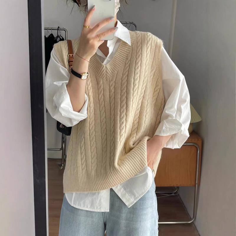 ベスト レディース 女性用 秋冬 ケーブルニット Vネック 暖かい ルーズフィット 体型カバー 着痩せ効果 着回し抜群 韓国ファッション カジュアル シンプル アプリコット カーキ グレー ブラック トップス