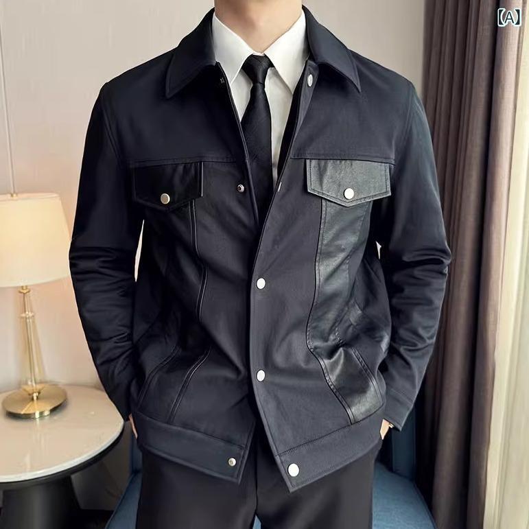 ジャケット メンズ 男性用 耐摩耗性 シワになりにくい カジュアル PUレザー 切り替え ワークジャケット 襟付き スリム 韓国風 秋冬 ブルゾン アウター ブラック グレーグリーン