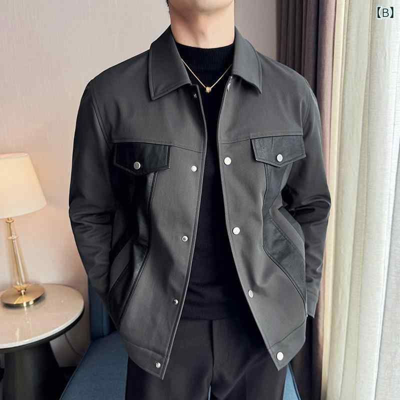 ジャケット メンズ 男性用 耐摩耗性 シワになりにくい カジュアル PUレザー 切り替え ワークジャケット 襟付き スリム 韓国風 秋冬 ブルゾン アウター ブラック グレーグリーン