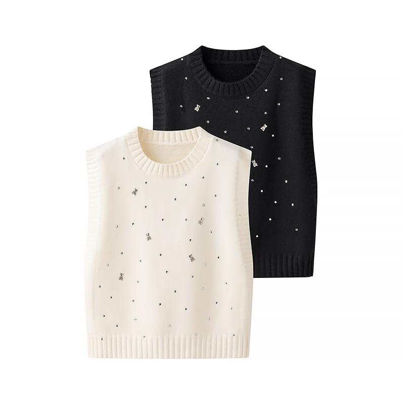 ベスト レディース ニット クルーネック ノースリーブ レイヤード クマ ラインストーン飾り ショート丈 ゆったり おしゃれ デザイン性 ..