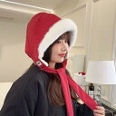 帽子 レディース 女性用 かわいい 韓国風 秋冬 保温 防風 耳当て付き フェイクダウン 2way バッグ 鞄 バラクラバ 防寒帽 フード(x2)