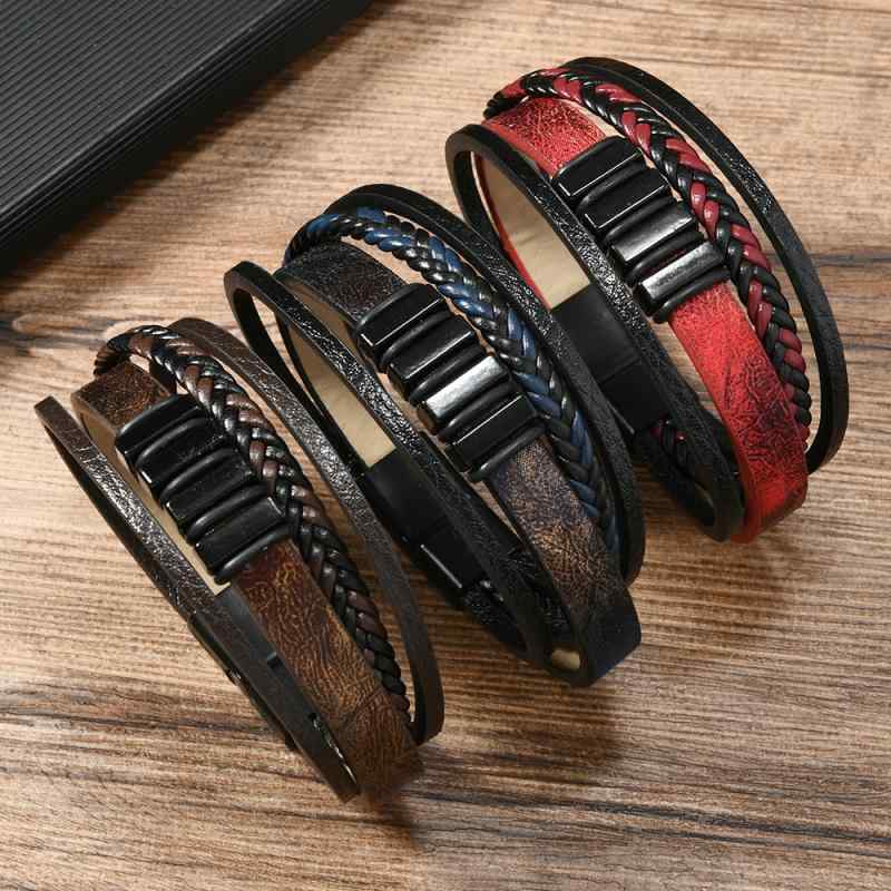 ブレスレット メンズ 男性用 レトロ ヴィンテージ 多重 レザー 革 ハンドメイド編み込み ビーズ マグネ..