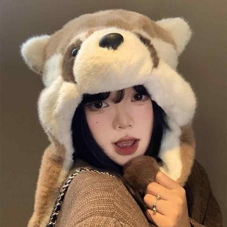 帽子 レディース 女性用 アライグマ キャラクター かわいい 耳当て付き 防寒 暖かい 厚手 小顔効果 秋冬 韓国風 ふわふわ もこもこ ポリエステル ベージュ カーキ オレンジレッド