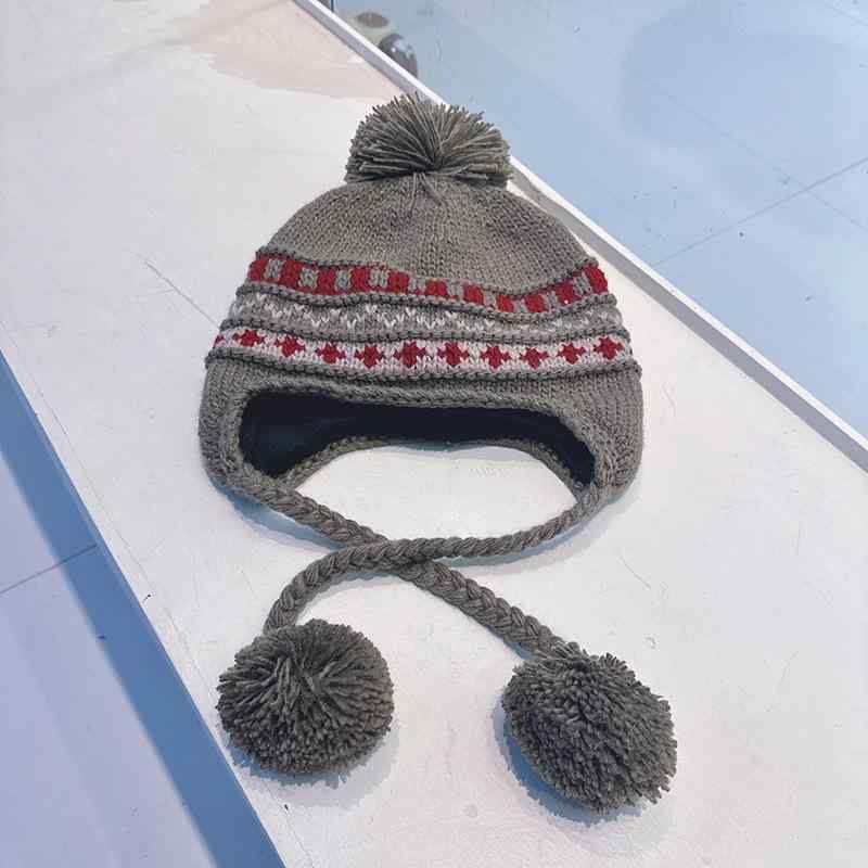 ニット帽 レディース 女性用 秋冬 民族風 レトロ ジャカード 防寒 保温 耳当て付き フリンジ バイカラ..