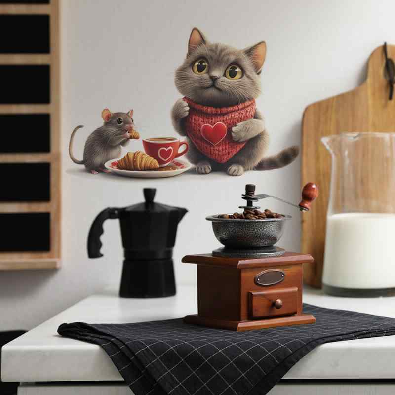 ウォールステッカー 猫 ネコ ネズミ アフタヌーンティー かわいい リビング 寝室 子供部屋 幼稚園 玄関 DIY 貼るだけ 簡単 剥がせる 賃貸OK PVC製 壁紙 シール インテリア デコレーション 壁面飾り