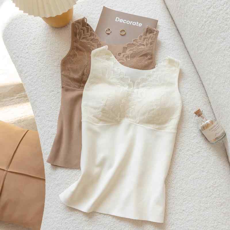 保温 カップ付きキャミソール レディース 秋冬 厚手 裏起毛 発熱 静電気防止 ブラいらず レース Vネッ..