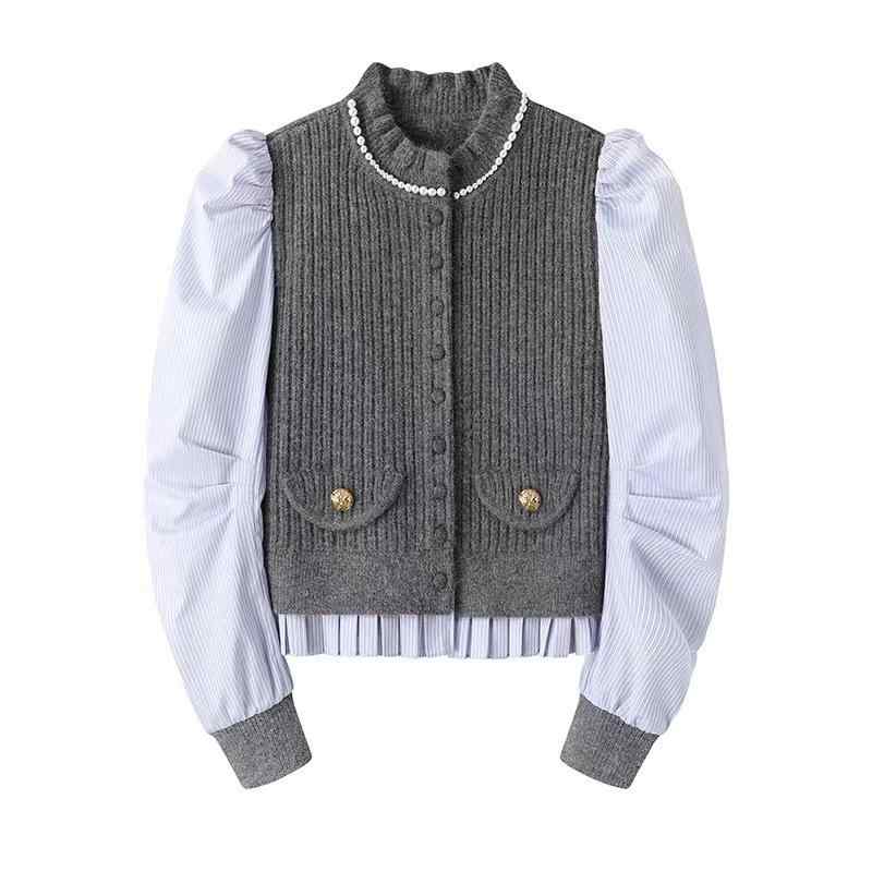 カーディガン レディース ゆったり ルーズフィット 配色切り替え ベスト重ね着風 パフスリーブ ボリューム袖 長袖 ハイネック ニット混紡 セーター 中厚手 大人可愛い きれいめ オフィス カジュアル グレー 冬