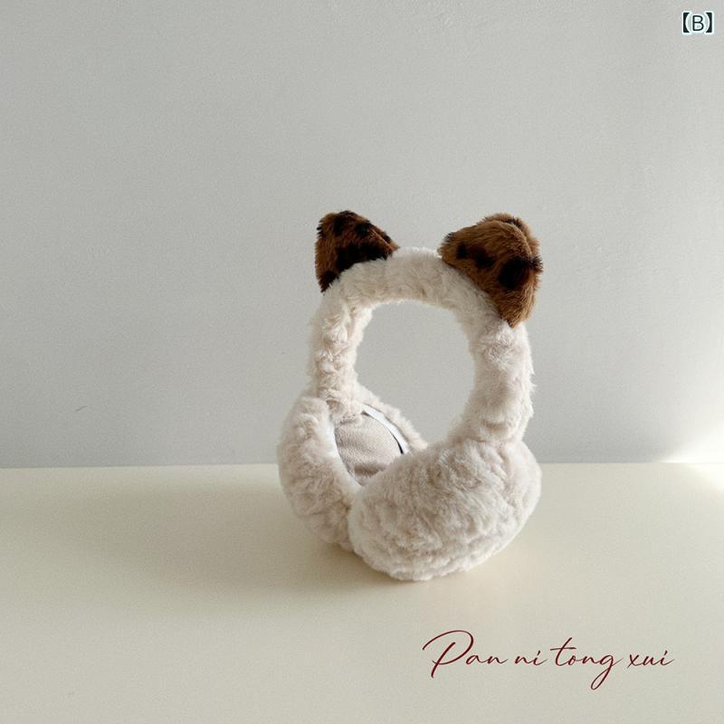 イヤーマフ 男女兼用 大人用 防寒 保温 あったかい ふわふわ もこもこ ラビットファー風 フェイクファー 猫耳デザイン ヒョウ柄 外出用 屋外 アウトドア 秋冬 カフェブラウン