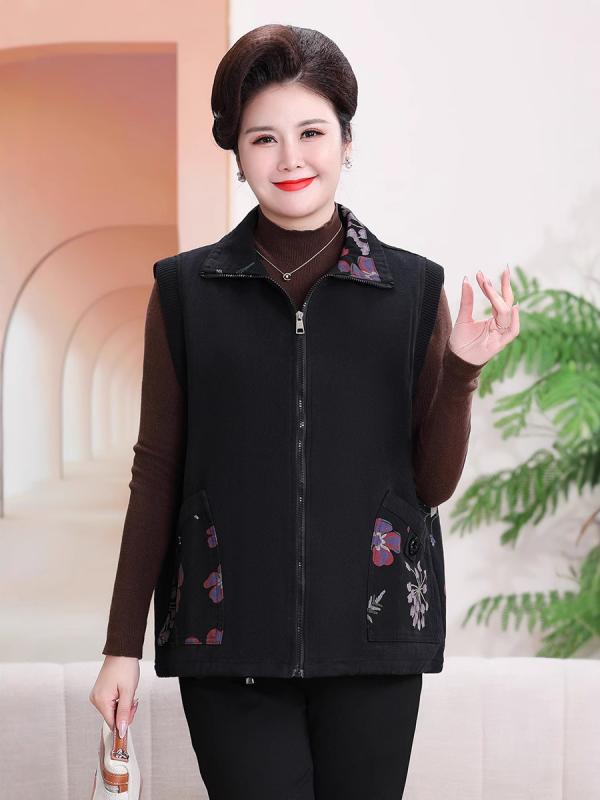 ベスト レディース ミセス ゆったり 大きいサイズ 前開き 中厚手 コットン 綿 花柄 ママ服 アウターベスト チュニック丈 秋冬 おしゃれ ボタン付き