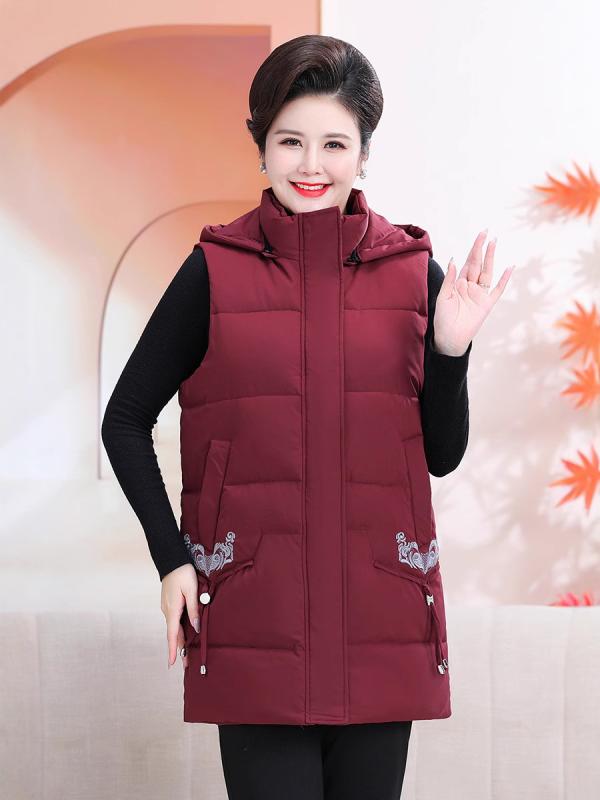 ベスト レディース ママ 中高年 大きいサイズ ゆったり 体型カバー 中綿 ミドル丈 厚手 暖かい 前開き アウター ポケット付き ポリエステル 秋冬 花柄