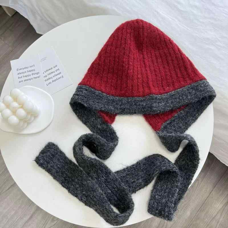 バラクラバ ユニセックス 切り替えデザイン バックル付き ウール混 ニット帽 秋冬 防寒 保温 耳まで暖..