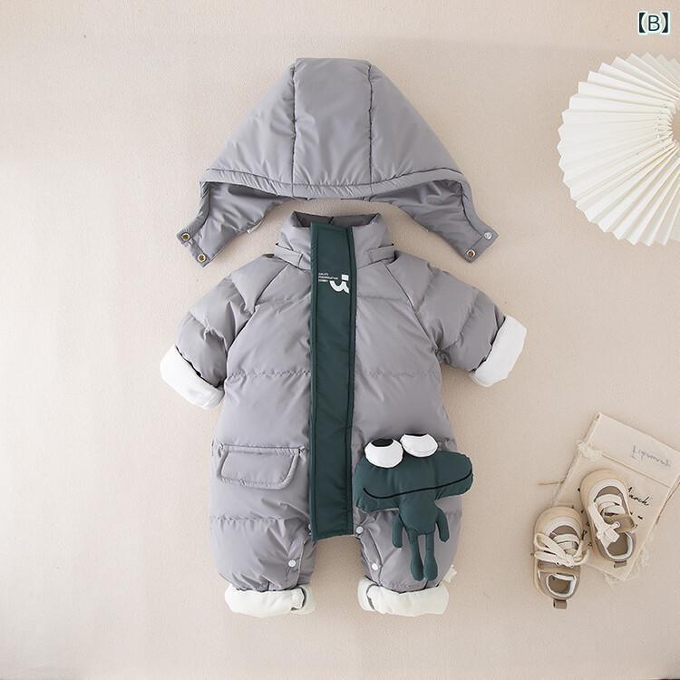 ベビー ロンパース 男の子 厚手 防寒 保温 ファスナー開閉 ダウンウェア カエル キャラクター かわいい おしゃれ カジュアル 取り外しフード付き 綿混 カバーオール 3