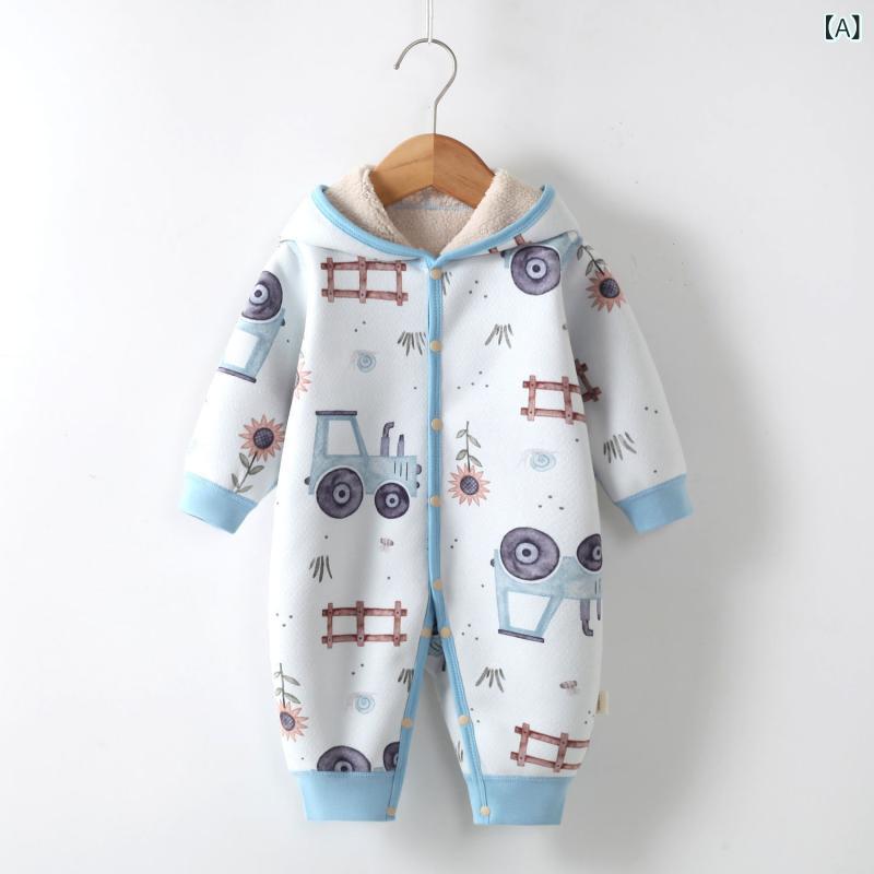 ロンパース ベビー服 キッズ服 男の子 女の子 秋冬 裏起毛 フード付き 厚手 あったか もこもこ カバーオール オールインワン 長袖 外出着 部屋着 パジャマ スナップボタン ポリエステル 男女兼用 かわいい 肌に優しい 1歳 2歳 3歳 2