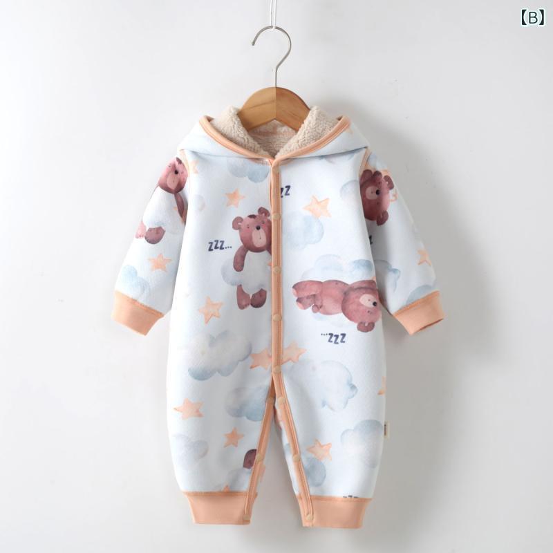 ロンパース ベビー服 キッズ服 男の子 女の子 秋冬 裏起毛 フード付き 厚手 あったか もこもこ カバーオール オールインワン 長袖 外出着 部屋着 パジャマ スナップボタン ポリエステル 男女兼用 かわいい 肌に優しい 1歳 2歳 3歳 3