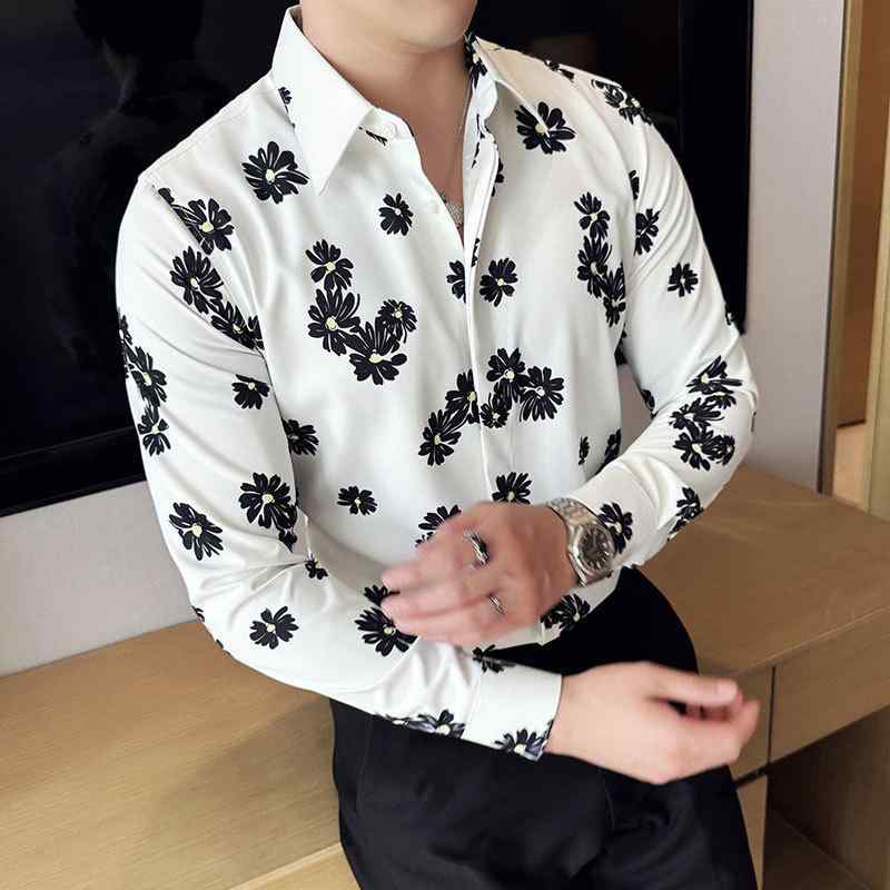 シャツ メンズ 男性用 長袖 形態安定 アイロン不要 小花柄 デイジー柄 総柄 カジュアルスタイル トレンド 韓国風 スリムフィット 普段使い 日常使い 綿混 ポリエステル 春秋 白 黒 襟付き レギュラーカラー