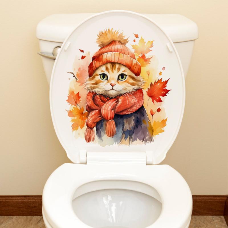 ウォールステッカー 猫 子猫 紅葉 プリント柄 おしゃれ かわいい 貼るだけ簡単 剥がせる PVC製 トイレ 浴室 バスルーム 洗面所 リビング ウォールデコレーション モダン シンプル 雰囲気アップ インテリアシール(x2)