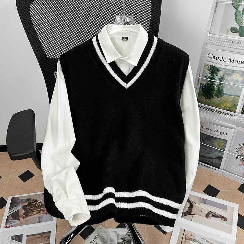 ニットベスト メンズ 形態安定 Vネック アメリカン レトロ カレッジ風 エンブレム付き 秋冬 配色 フィット ポリエステル 綿混 カジュアル ペア(4)