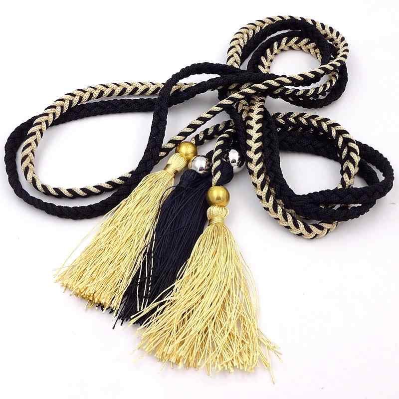 ベルト レディース 組み紐 ウエストマーク 手編み タッセル リボン結び ワンピース ウエストシェイプ 万能 シンプル オールシーズン ブラック バイカラー ウエストロープ(x2)