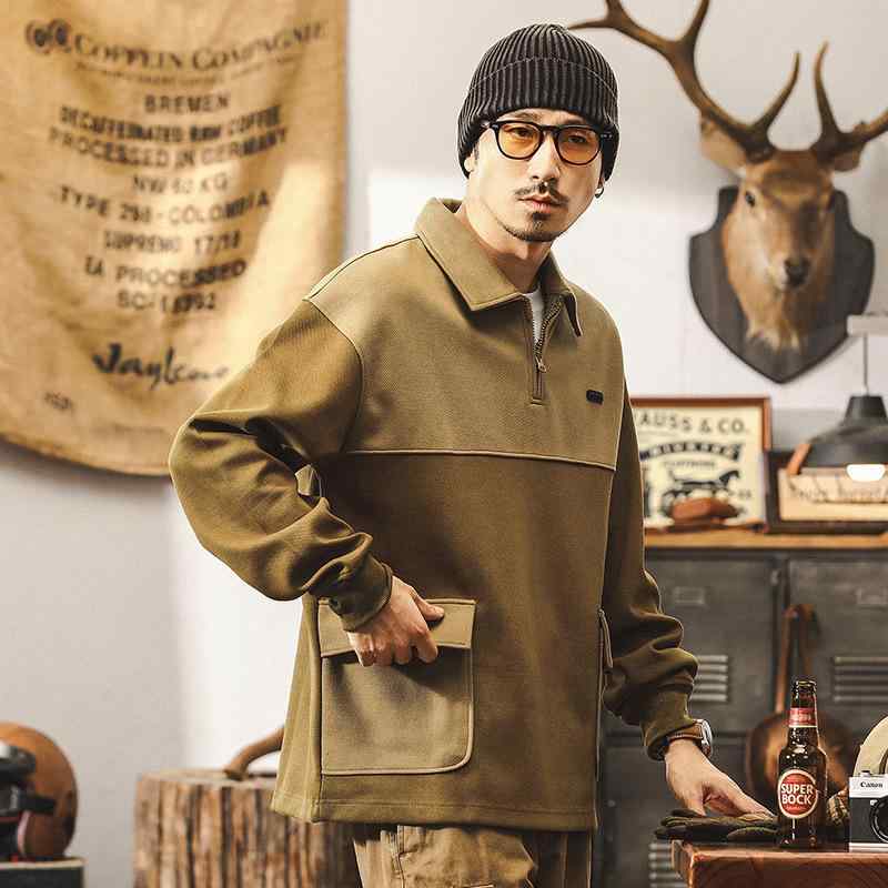Other Apparel - スウェット メンズ アメカジ ヘビーウェイト レトロスタイル 切り替えデザイン ハーフジップ ポロシャツ プルオーバー 長袖 秋冬 コットン オーバーサイズ ドロップショルダー カジュアル ストリート